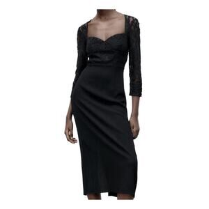 Zara Black Lace Sweetheart Neckline 3/4 Sleeve Midi Dress Formal Floral Small